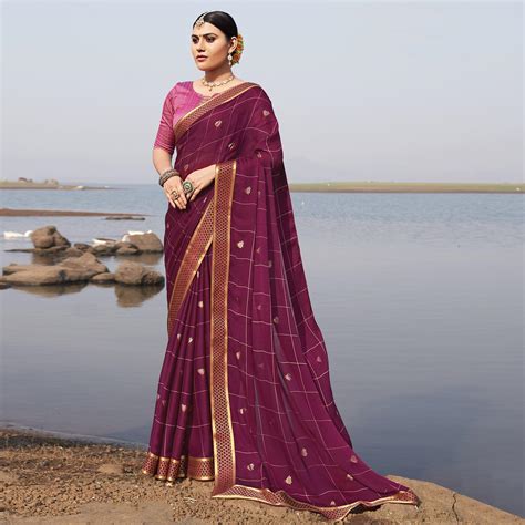 purple woven chiffon saree