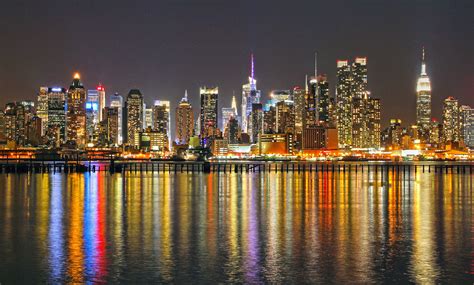 Wallpaper Newyorkcity Skyline Night Reflections Rainbow Colorful