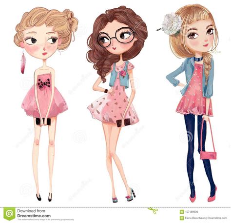 Cute Cartoon Hipster Girls Stock Illustration