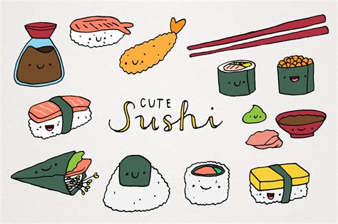 Cute Sushi Clipart Set Kawaii Sushi Illustrations Japanese Etsy