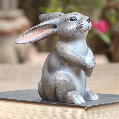 Hand Carved Grey Rabbit Statuette Adorable Rabbit In Grey Novica