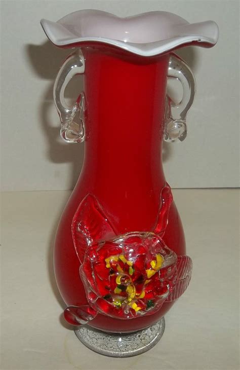 Vintage Art Glass Vase Red With Applied Floral Medallion Cased Ruffled Edge Vintage Art Glass