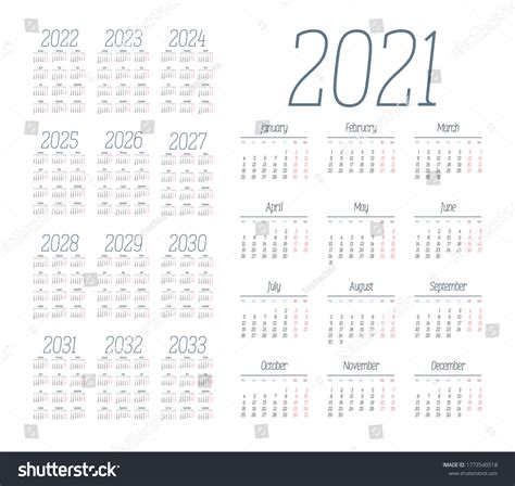 Simple Calendar 2021 2033 On White Stock Vector Royalty Free