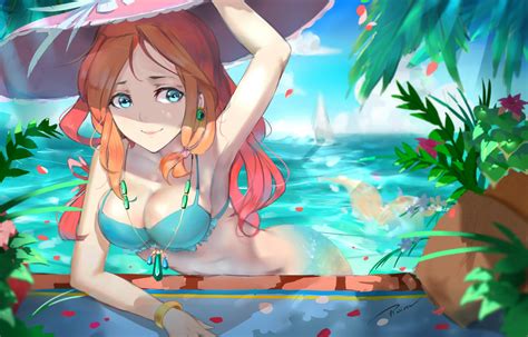 Wallpaper Illustration Redhead Long Hair Anime Girls Tail Blue Eyes Water Hat Cleavage