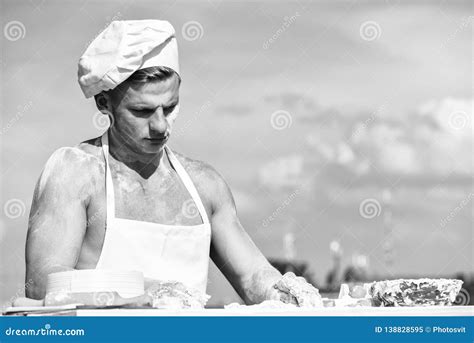 Man Muscular Baker Or Cook Covered With Flour Working Outdoor Sky On Background Bakery Concept