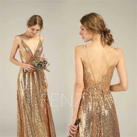 Bridesmaid Dress Gold Sequin Dress Lace Boho Wedding Dress V Etsy