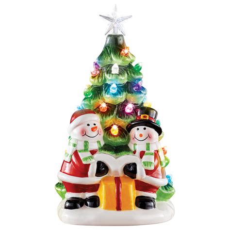 Collections Etc Led Lighted Ceramic Snowmen And Christmas Tree