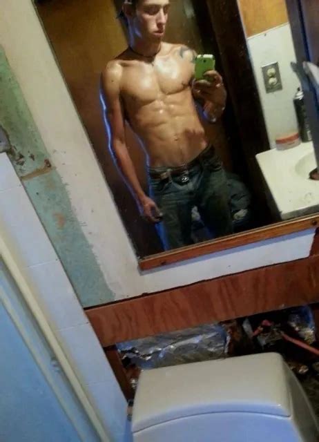 Shirtless Male Muscular Beefcake Hunk Selfie Bathroom Mirror Shot Photo