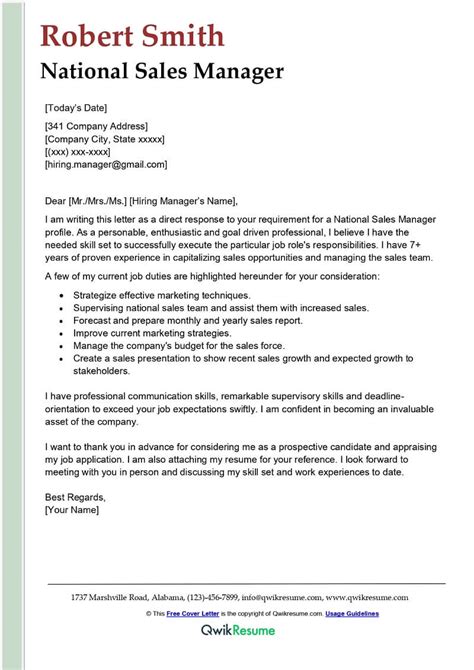 National Sales Manager Cover Letter Examples Qwikresume