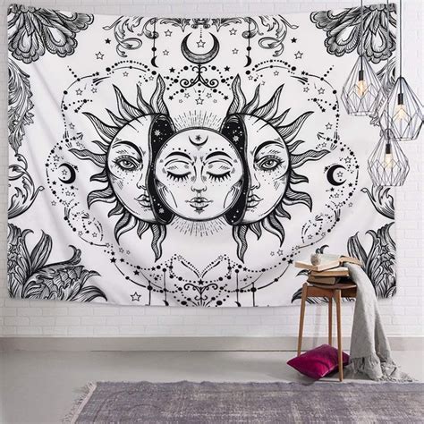 Likiyol Sun And Moon Tapestry Black And White Tapestry Psychedelic Fractal Faces Tapestry Wall