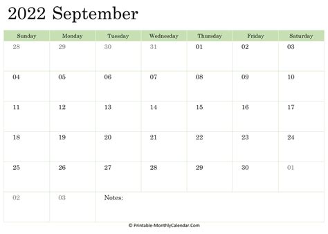 September 2022 Calendar Printable With Holidays