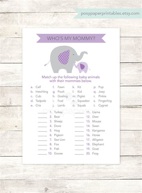 Baby Shower Game Printable Elephant Purple Lavender Grey