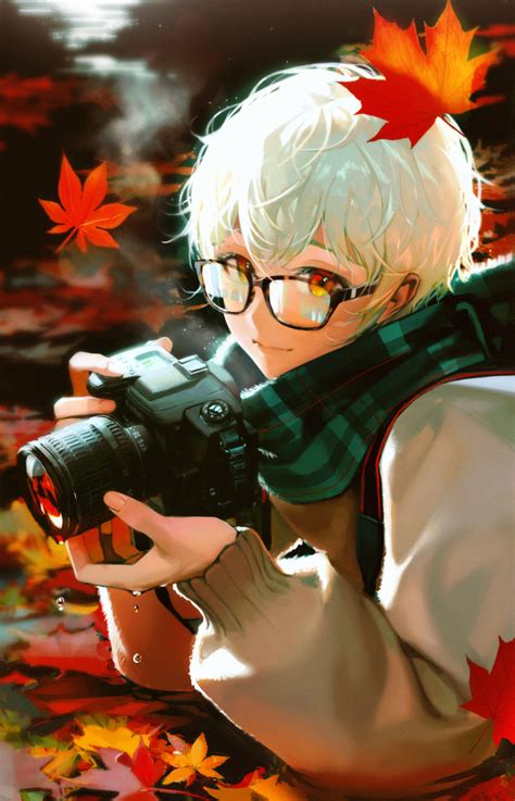 Safebooru 1other Ambiguous Gender Autumn Autumn Leaves Bangs Camera Closed Mouth Glasses