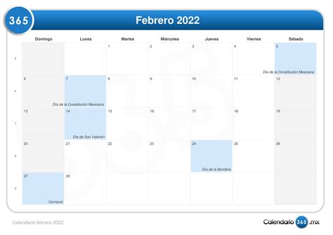 Calendario Febrero 2022
