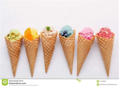 Various Of Ice Cream Flavor In Cones Blueberry Strawberry