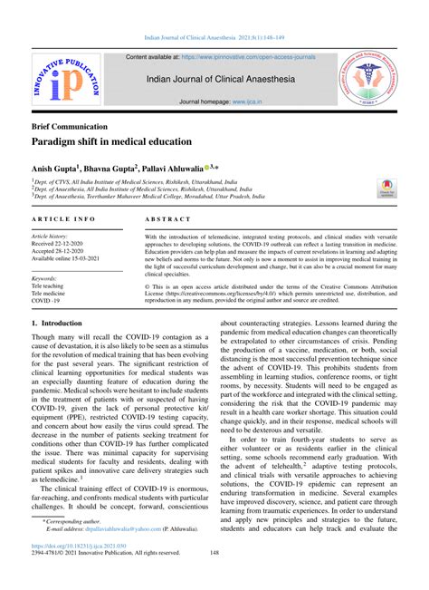 Pdf Indian Journal Of Clinical Anaesthesia Paradigm Shift In Medical Education