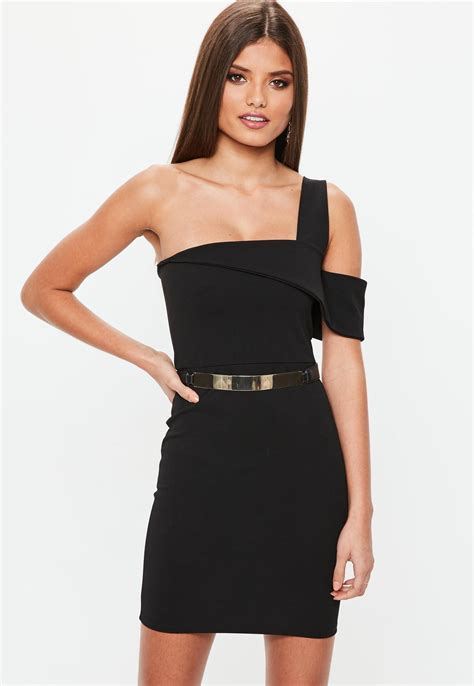 Black One Shoulder Asymmetric Midi Dress