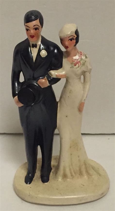 Vintage 1930s 40s Painted Chalkware Bride And Groom Wedding Cake Topper Figurine Wedding Cake