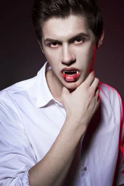 Young Sexy Man Dracula Vampire With Red Eyes And Fangs Mouth Co