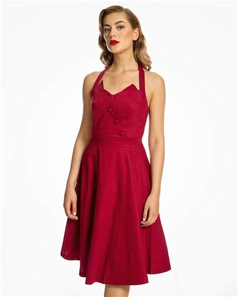 Myrtle Petal Bodice 1950s Halter Neck Swing Dress In Red Cotton With
