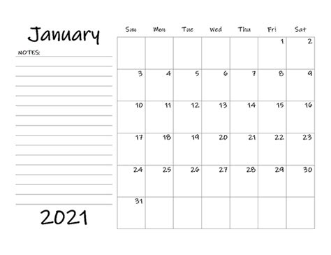 New Fillable January Calendar 2021 Printable Template Blank Notes
