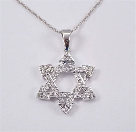 Diamond Star Of David Pendant Necklace 14k White Gold 17 Chain Jewish