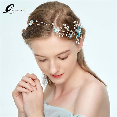 Queenco Blue Flower Headbands Crystal Wedding Hair Accessories Bridal
