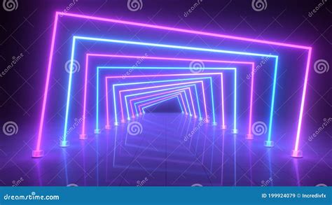 Ultraviolet Abstract Neon Light Tunnel Squares Glow With Reflections