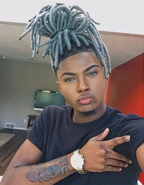 Eye Candy Men Loc Styles Grey Faux Locs In A Bun Pilled On To Of His