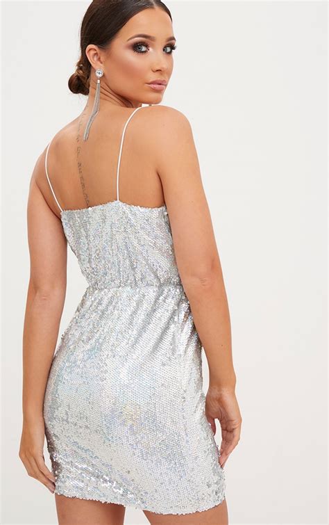 Wind River Silver Holographic Sequin Bodycon Dress Clothing New