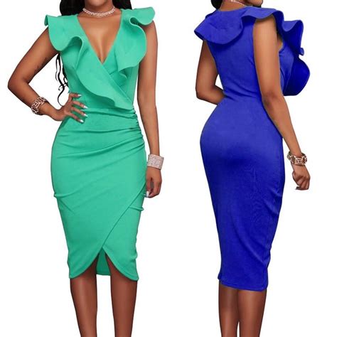 Buy Cute Sex Women Summer Sleeveless V Neck Pencil Party Ladies Flounce Ruffles Bodycon Slim