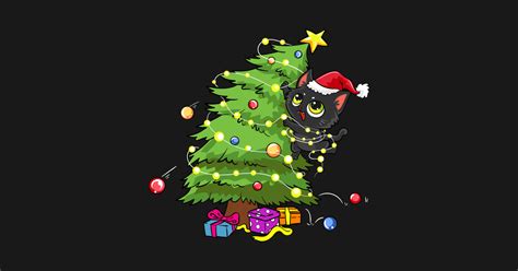 Santa Black Cat Tangled Up In Christmas Tree Lights Holiday Christmas