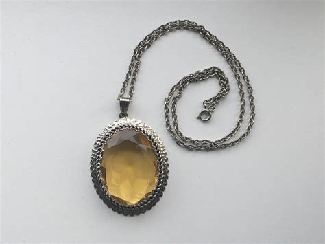 Vintage Citrine Faceted Glass Pendant Silver Tone 1960s 70s By