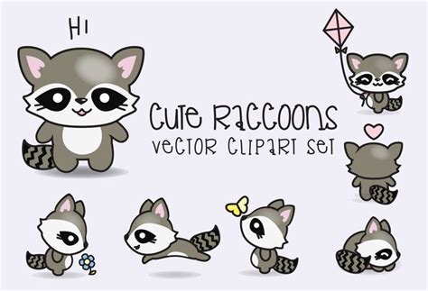 Premium Vector Clipart Kawaii Raccoons Cute Raccoons Clipart Set High