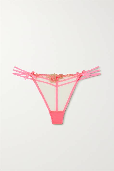 Agent Provocateur Tessy Bow Embellished Embroidered Tulle Thong In Pink