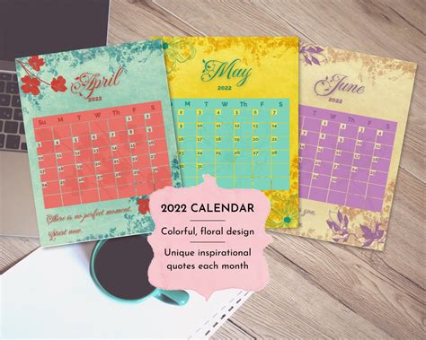 2022 Monthly Calendar Printable Colorful Floral Themes And Etsy