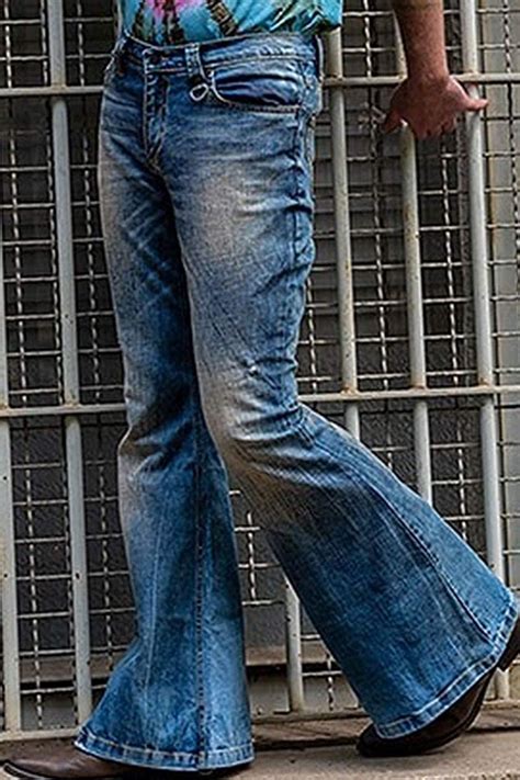 Mens Vintage 70s Bell Bottom Jeans Retro Mid Rise Stretch Denim Bell
