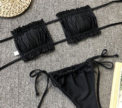 2021 2019 Sexy Two Piece Bikini Solid Covered Bandage Low Waist Bikini Set Black Push Up Halter