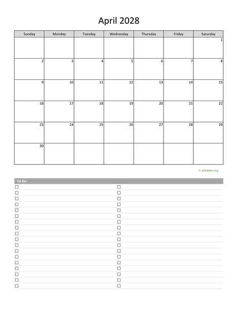 April 2028 Calendar With To Do List