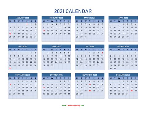Monday 2021 Calendar Horizontal Calendar Quickly