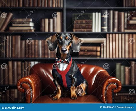 A Dachshund Sitting On A Brown Leather Chair In Front Of A Bookshelf