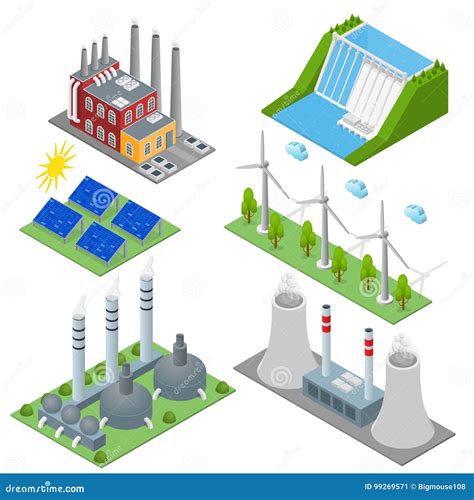 Renewable Resources And Traditional Energy Power Station Set Isometric