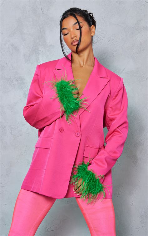 Bright Pink Contrast Feather Cuff Oversized Blazer Prettylittlething Usa