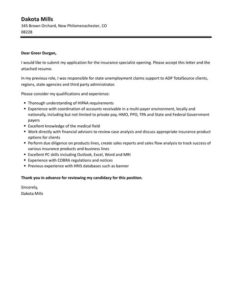 Insurance Specialist Cover Letter Velvet Jobs