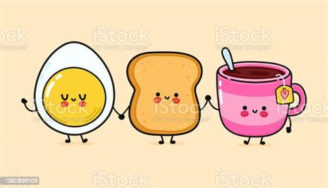 Cute Funny Happy Toast Eggs And Cup Of Tea Vector Hand Drawn Cartoon