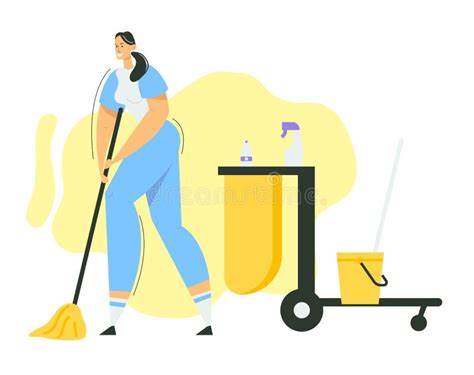 Woman Cleaner Character With Mop And Bucket Cleaning Service With