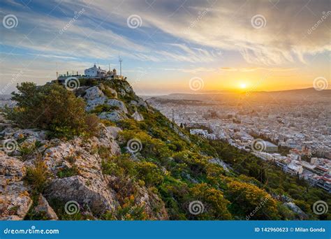 Lycabettus Hill In Athens Stock Image Image Of Sunset 142960623