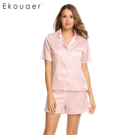 Ekouaer Turn Down Collar Nightwear Womens Satin Short Sleeve Solid Sleepwear Casual Loose