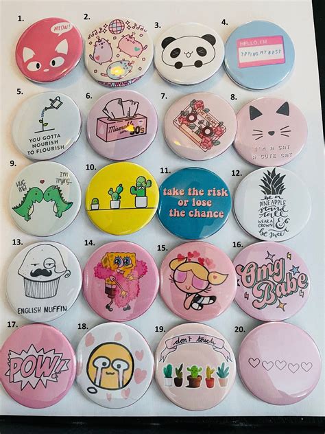 handmade 1 75 and 2 25 button pins cute characters and sayings available always adding more