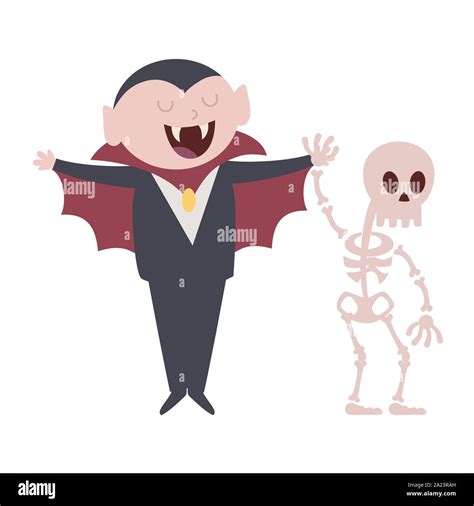 Dracula And Skeleton Cartoon Character Trick Or Treat Happy Halloween Vector Illustration Stock